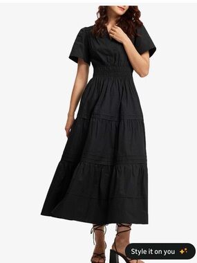 Women's Black Tiered Maxi Dress with Short Sleeves